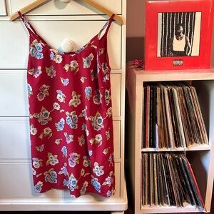 Vintage 90’ Floral Red Slip Dress Mini Short Printed Medium Made in USA Sundress
